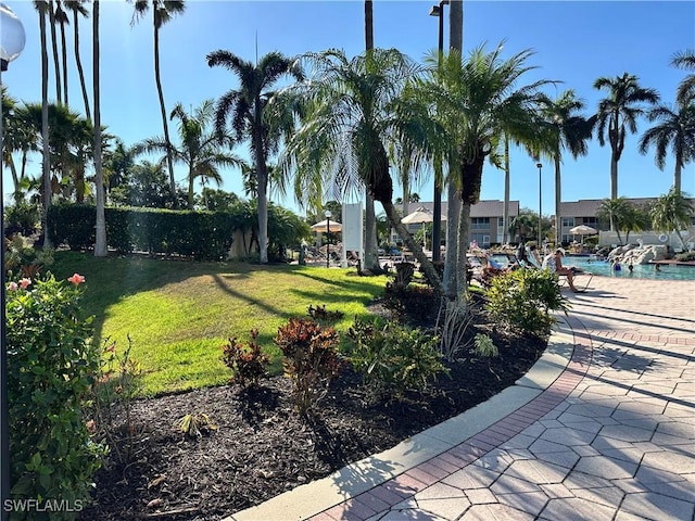 view of home's community featuring a pool and a lawn