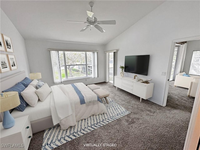 carpeted bedroom with lofted ceiling, ceiling fan, and access to exterior