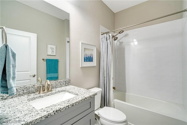 full bathroom with toilet, vanity, and shower / bathtub combination with curtain