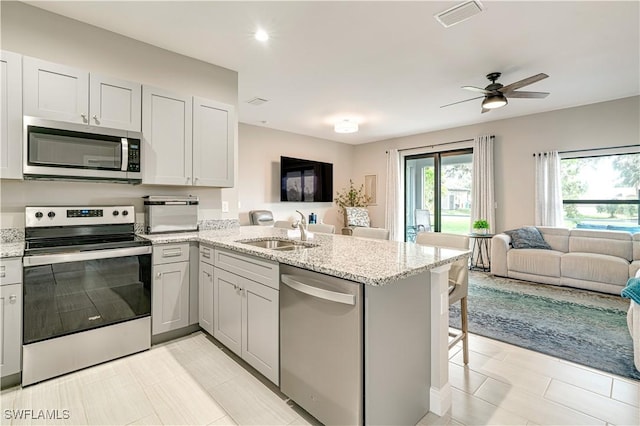 kitchen with sink, stainless steel appliances, and kitchen peninsula