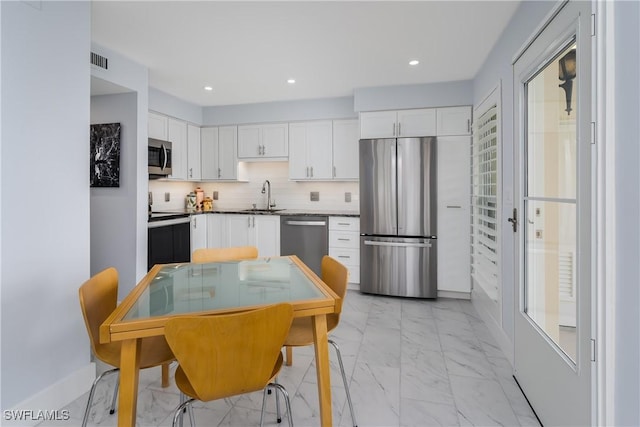 kitchen with stainless steel appliances, sink, decorative backsplash, and white cabinets