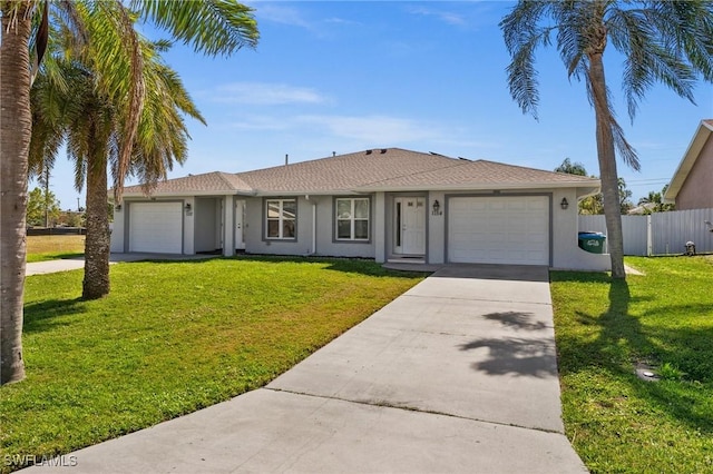 ranch-style house featuring a garage and a front yard