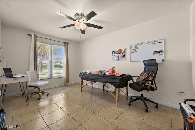 tiled home office with ceiling fan