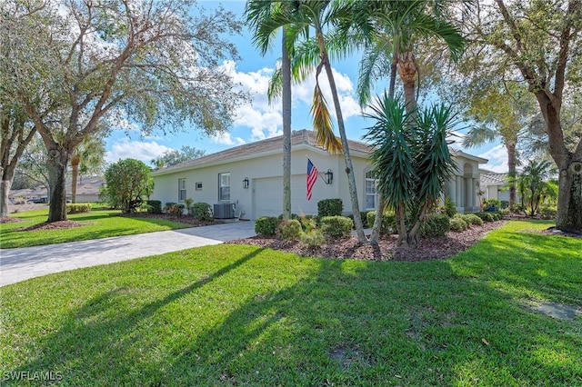 single story home with a garage, central AC unit, and a front lawn