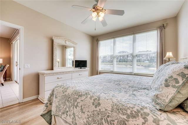 bedroom featuring light wood-type flooring, ceiling fan, and baseboards