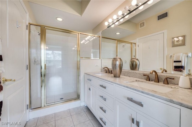 full bathroom with a stall shower, a sink, visible vents, and tile patterned floors