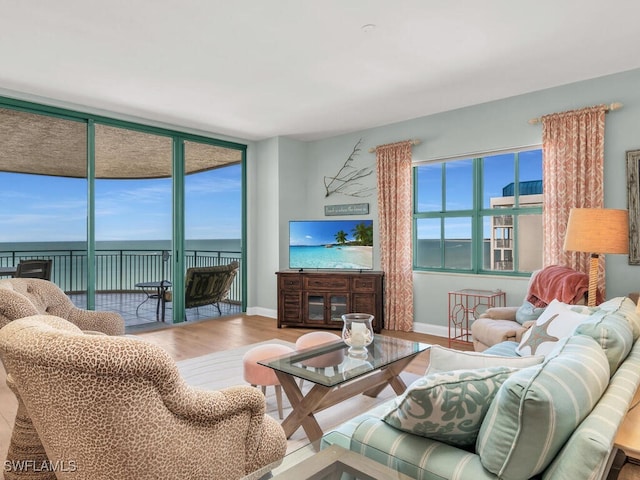 living room with hardwood / wood-style floors, plenty of natural light, and a wall of windows