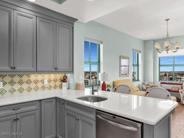 930 Cape Marco Dr Unit 806, Marco Island, FL 34145 - kitchen with sink, dishwasher, kitchen peninsula, pendant lighting, and decorative backsplash