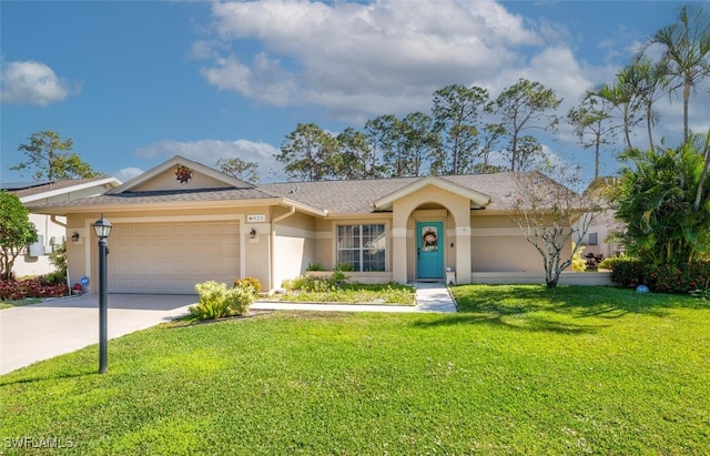 ranch-style house with a garage and a front lawn