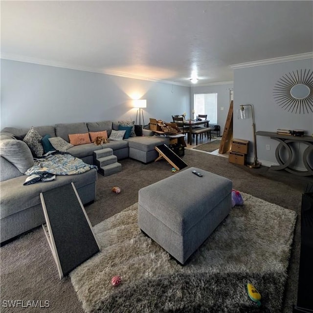 living room with crown molding and dark carpet