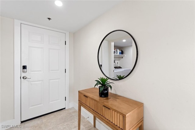 doorway to outside featuring recessed lighting and baseboards