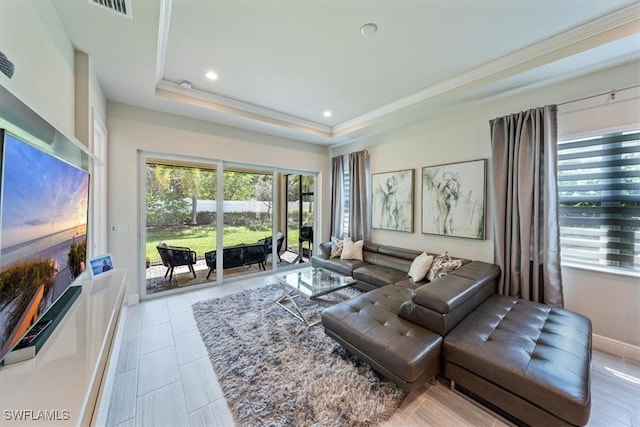 living room with ornamental molding and a raised ceiling