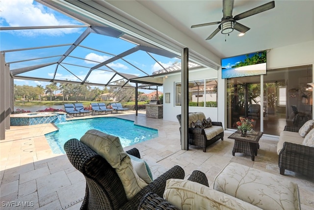 view of swimming pool with a ceiling fan, a pool with connected hot tub, a lanai, a patio area, and an outdoor hangout area