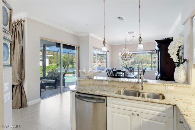 kitchen with a sink, white cabinetry, visible vents, and dishwasher