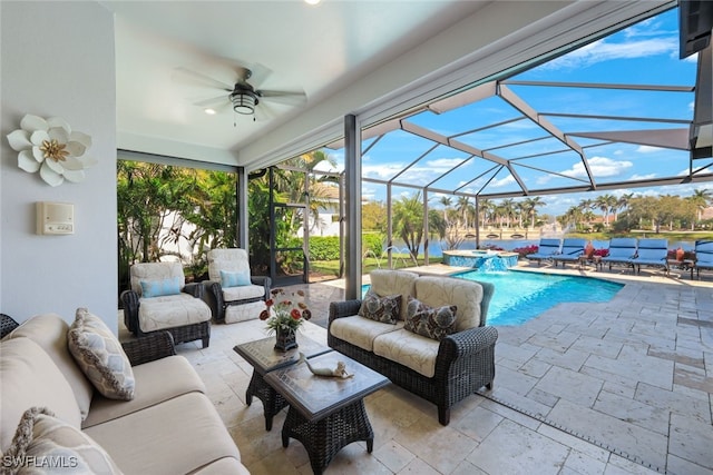 view of swimming pool featuring a patio area, glass enclosure, outdoor lounge area, and a ceiling fan