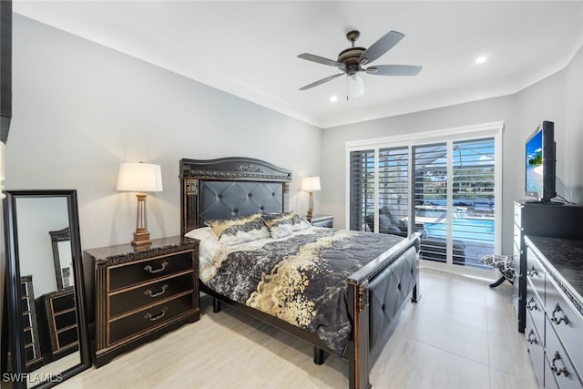 bedroom featuring access to exterior, recessed lighting, and ceiling fan