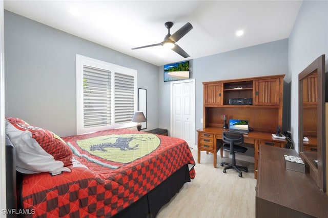 bedroom with a closet, recessed lighting, a ceiling fan, and light wood-style floors