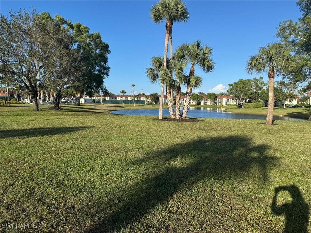 view of community with a water view and a lawn