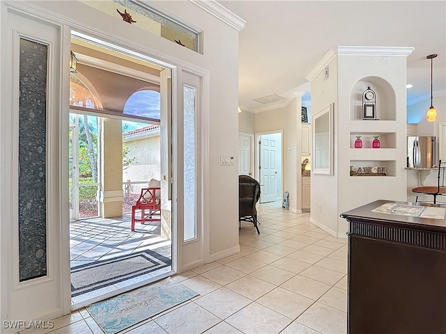 doorway to outside featuring light tile patterned floors, baseboards, and crown molding