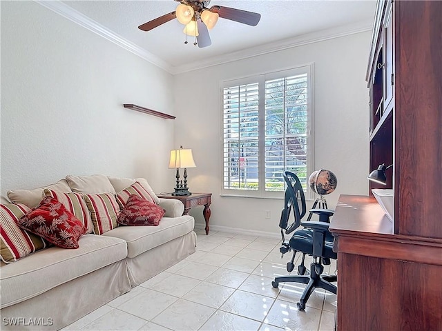 home office featuring a ceiling fan, crown molding, baseboards, and light tile patterned floors