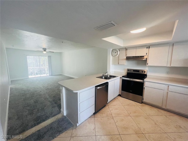 kitchen featuring sink, kitchen peninsula, a raised ceiling, light colored carpet, and stainless steel appliances