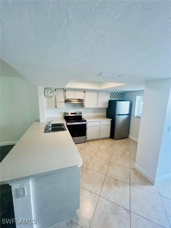 kitchen featuring sink, light tile patterned floors, appliances with stainless steel finishes, white cabinets, and kitchen peninsula