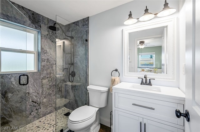 bathroom featuring vanity, toilet, and a shower with door