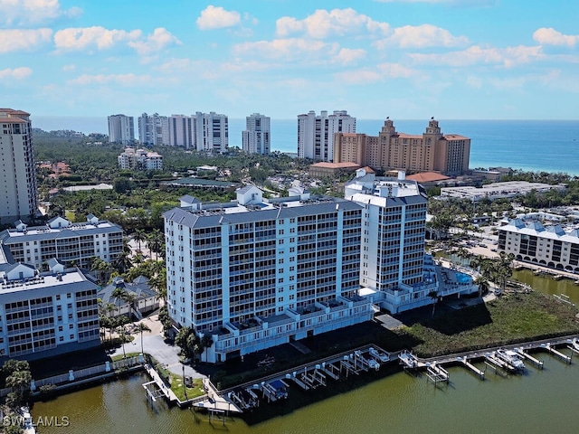 drone / aerial view featuring a water view