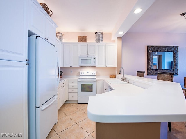 kitchen featuring white cabinetry, sink, light tile patterned floors, kitchen peninsula, and white appliances