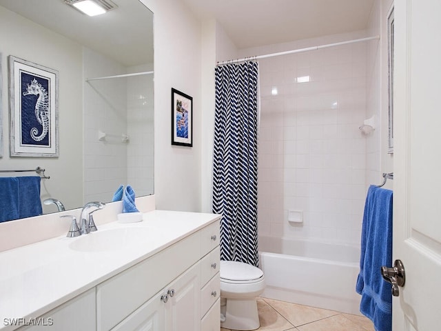 full bathroom with vanity, tile patterned floors, toilet, and shower / bathtub combination with curtain