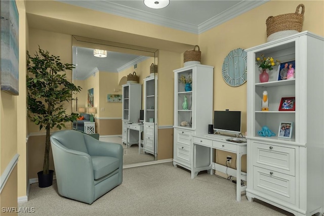 carpeted office space with ornamental molding