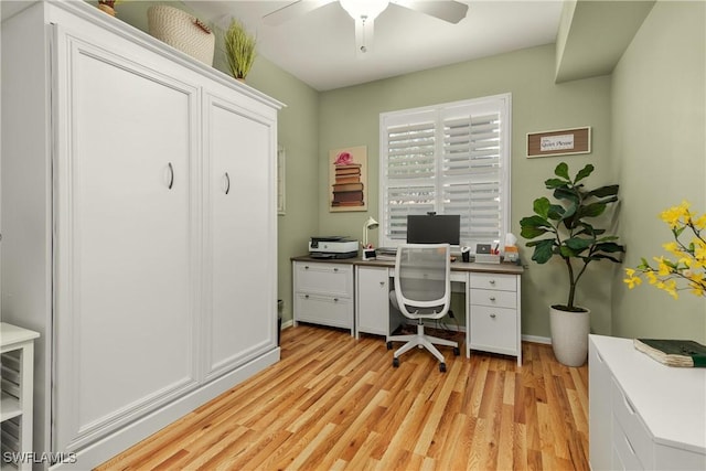 office area with ceiling fan and light hardwood / wood-style flooring