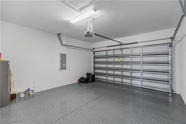 garage with a garage door opener, electric panel, and water heater