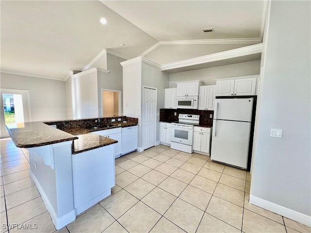 kitchen with white cabinetry, white appliances, ornamental molding, and kitchen peninsula