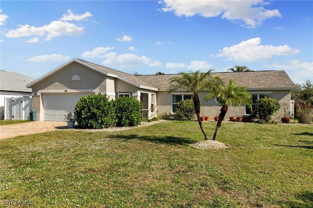 single story home with a garage and a front lawn