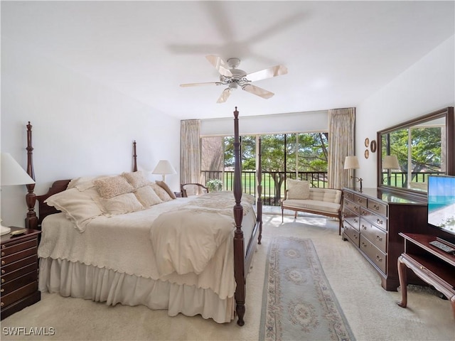 bedroom with ceiling fan, light colored carpet, and access to exterior