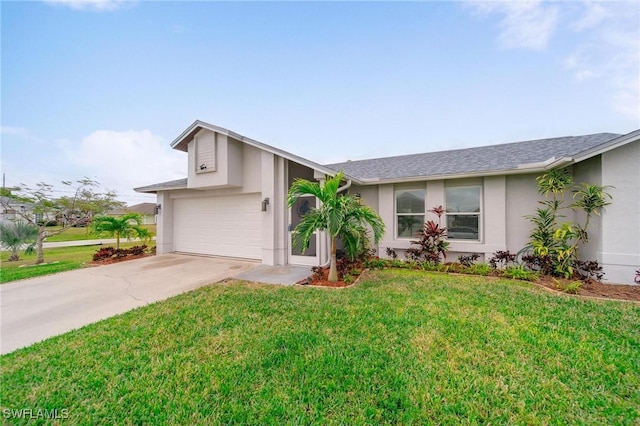 ranch-style home with a garage and a front lawn