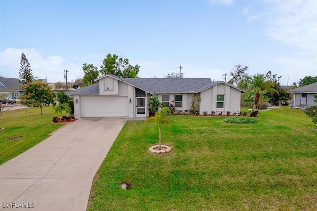 single story home with a garage and a front lawn