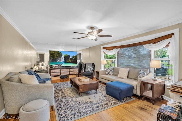 living room with ceiling fan, crown molding, and hardwood / wood-style floors