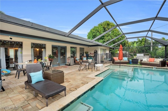 view of swimming pool with an outdoor hangout area, glass enclosure, and a patio