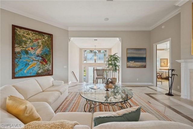 living room with crown molding and a high end fireplace