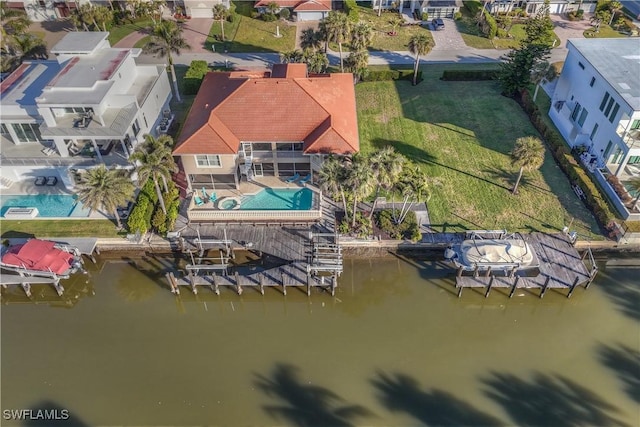 aerial view featuring a water view