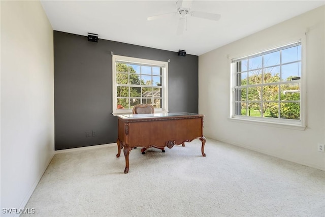 office area featuring carpet flooring, a wealth of natural light, and ceiling fan