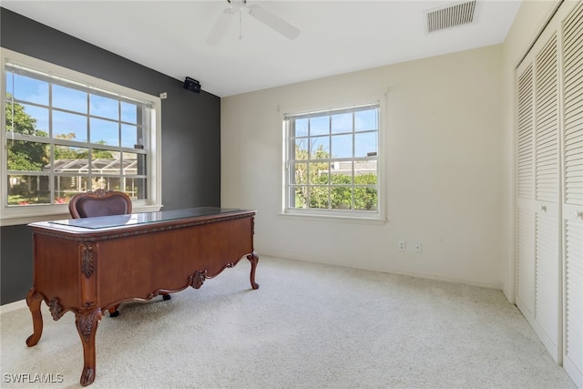 office with ceiling fan and light carpet