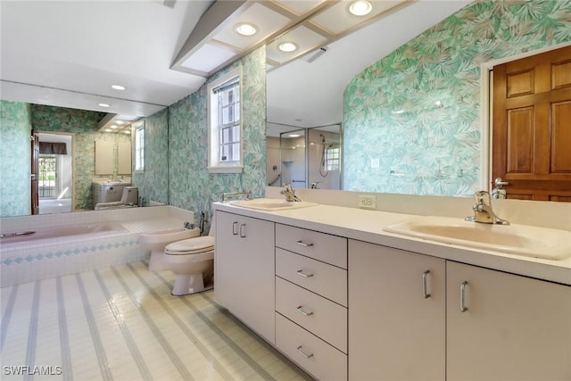 bathroom with a bidet, vanity, toilet, and a tub