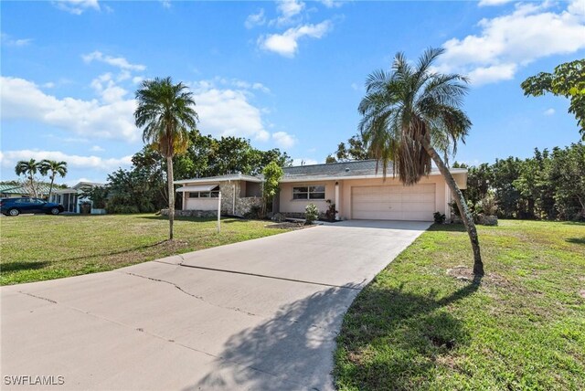 ranch-style house featuring a garage, driveway, a front lawn, and stucco siding