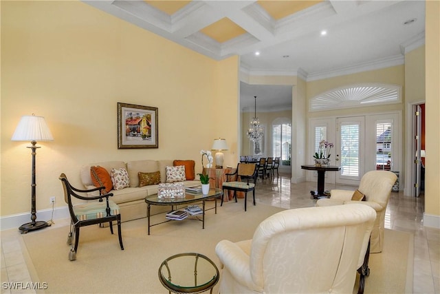 living room featuring beam ceiling, light tile patterned floors, a high ceiling, ornamental molding, and coffered ceiling