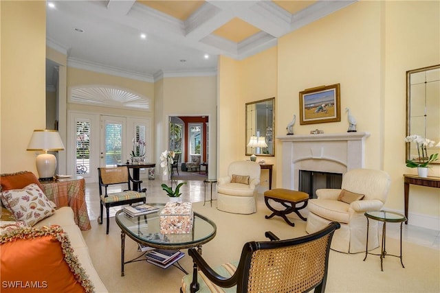 living room featuring a premium fireplace, coffered ceiling, a towering ceiling, beam ceiling, and crown molding