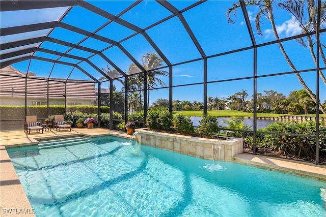 outdoor pool featuring a patio area, a lanai, and a water view