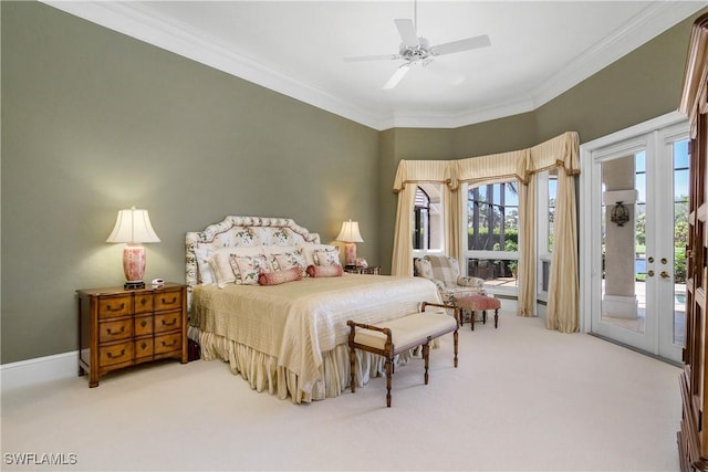 bedroom with access to exterior, ornamental molding, a ceiling fan, and light colored carpet